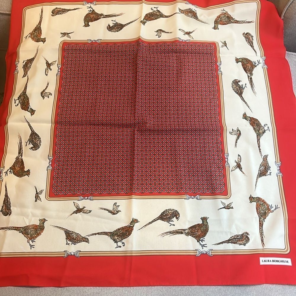 VintageโLaura Borghese Elegant Red and Cream Scarf with Bird Design 29โx29โ.